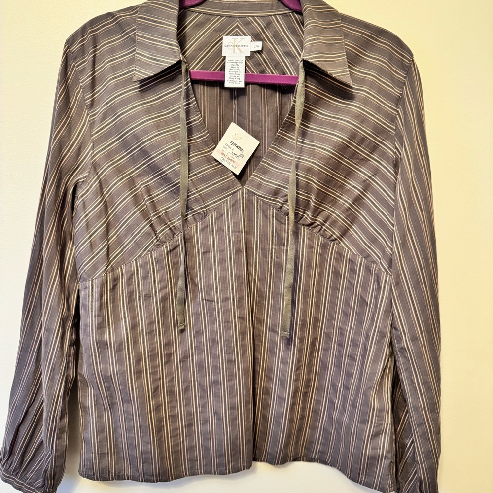 Calvin Klein Brown and Cream Striped Shirt #y2k